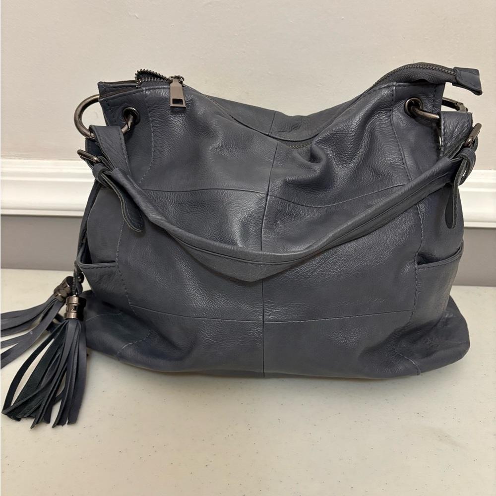 Jack & Chris navy hobo leather bag with gunmetal zippers.